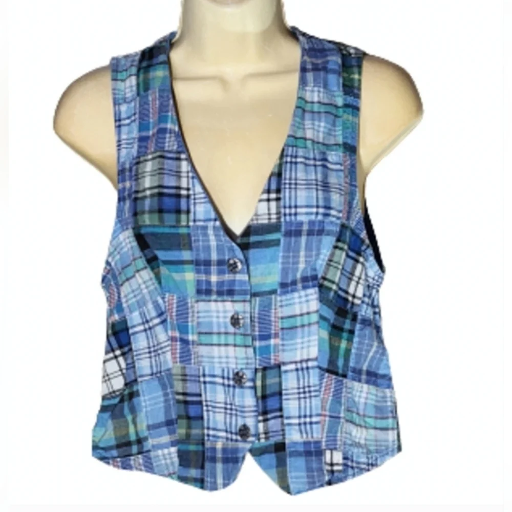 Sunny South Vest Plaid 100% Sustainable Cotton Blue Size 6